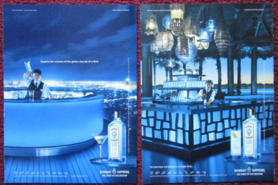 Lot 2 Diff BOMBAY SAPPHIRE Dry Gin Print Ads ~ Sky Bar Bangkok, One&Only Mexico
