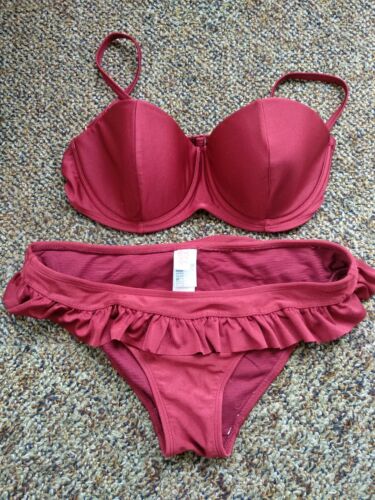 2 chillies swimwear size 10 wine red worn bustier style frilly bottom - Picture 1 of 8