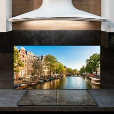 Spritzschutz K&uuml;chenr&uuml;ckwand auf ESG Glas 120x60 H&auml;user und Boote auf Amsterdam