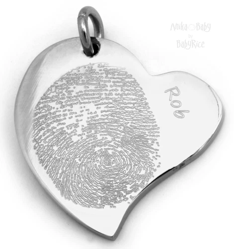 Personalised Adult Fingerprint Curved Heart pendant Stainless Steel Silver tone