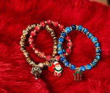 Christmas beaded stretch bracelet Santa Rudolph gift Metal charms Lot New