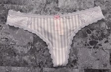 NWT BODY BY VICTORIA'S SECRET M PINK GRAY STRIPE SMOOTH LACE RARE THONG PANTIES