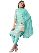 GoSriKi Women's Banarasi Silk Kurta Pant With Dupatta Set