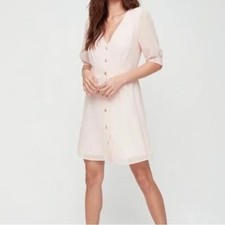Wilfred Aritzia Freya Pink Button Front Pintuck Mini Dress V-Neck Short Sleeve