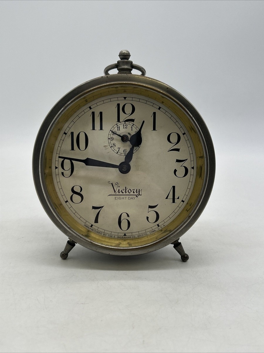 Vintage Victory Eight Day Peg Leg Wind-Up Alarm Clock E. Ingraham