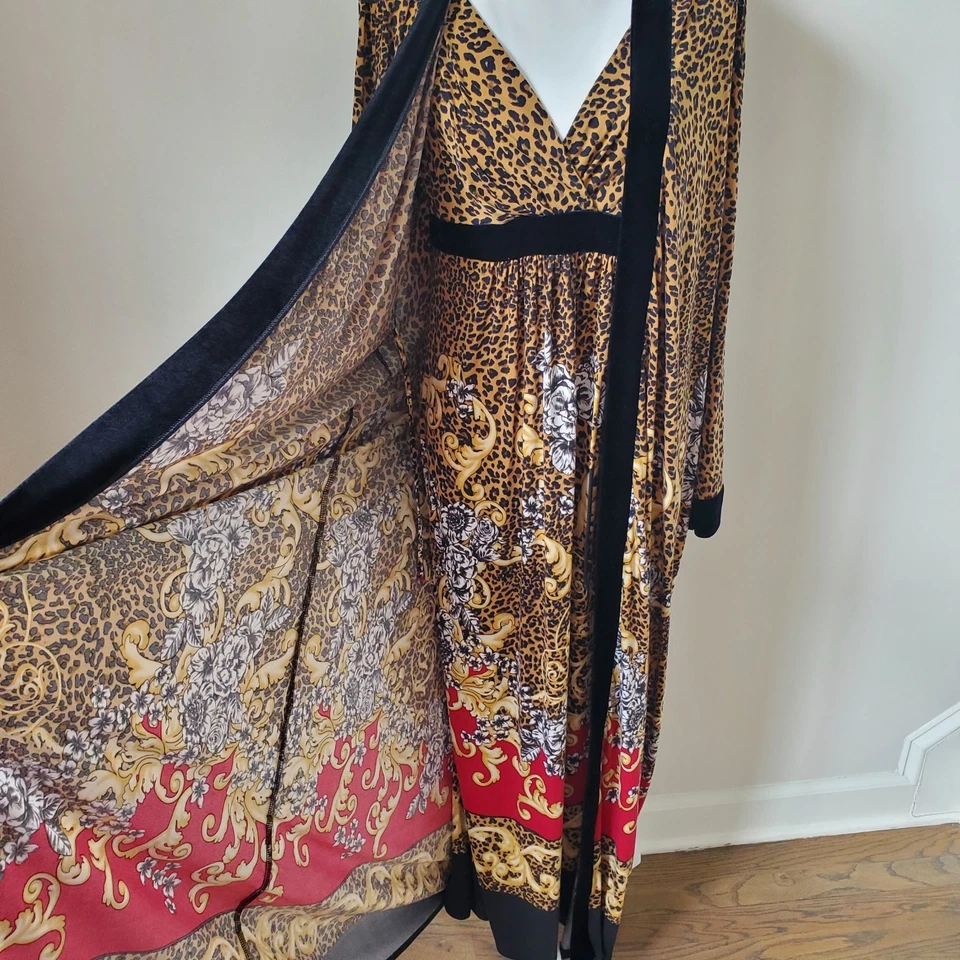 SOMA Cheetah Animal Exótico 2 Piezas Maxy Vestido Vestido y Bata Terciopelo Borde Talla L-XL Foto 3 de 4