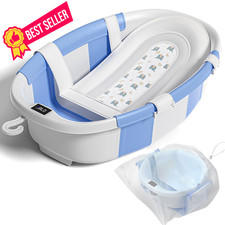 Collapsible Baby Bathtub with Soft Cushion and Thermometer, Newborn to Blue