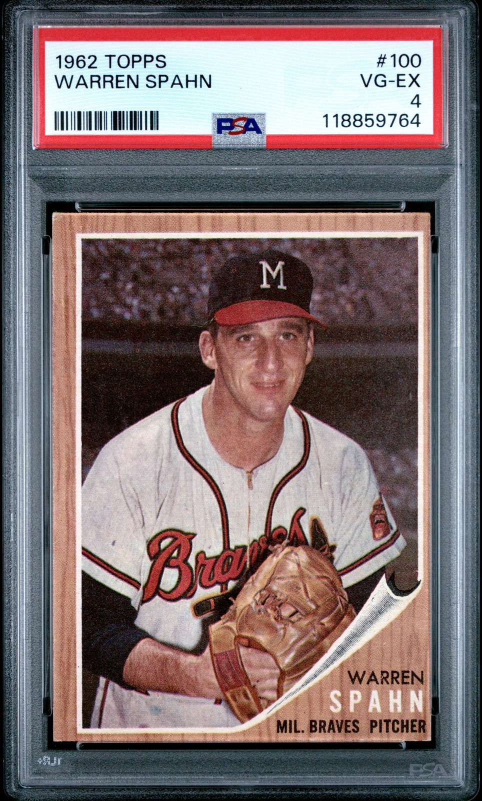 1962 TOPPS #100 WARREN SPAHN PSA 4