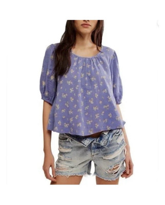Free People Chloe Indigo Gauze Puff Sleeve Open Back Bow Tie L Cottagecore Blous