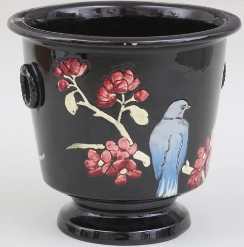 Vintage Weller Pottery Rosemont Jardiniere Black Flowers Birds Planter 8.5”x7.75