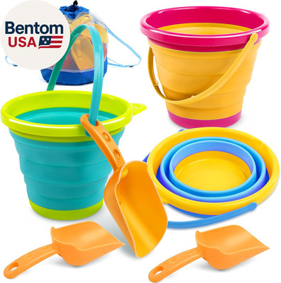 3 Packs Foldable Pail Bucket with Shovels & Mesh Bag, Collapsible Buckets Multi