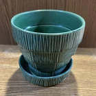 Vintage McCoy USA Green Textured Round Ceramic Planter Pot w/ Saucer Drain Hole