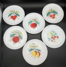 6 Westmoreland Beaded Edge Milk Glass Dessert Salad Bread Plates Painted Fruits