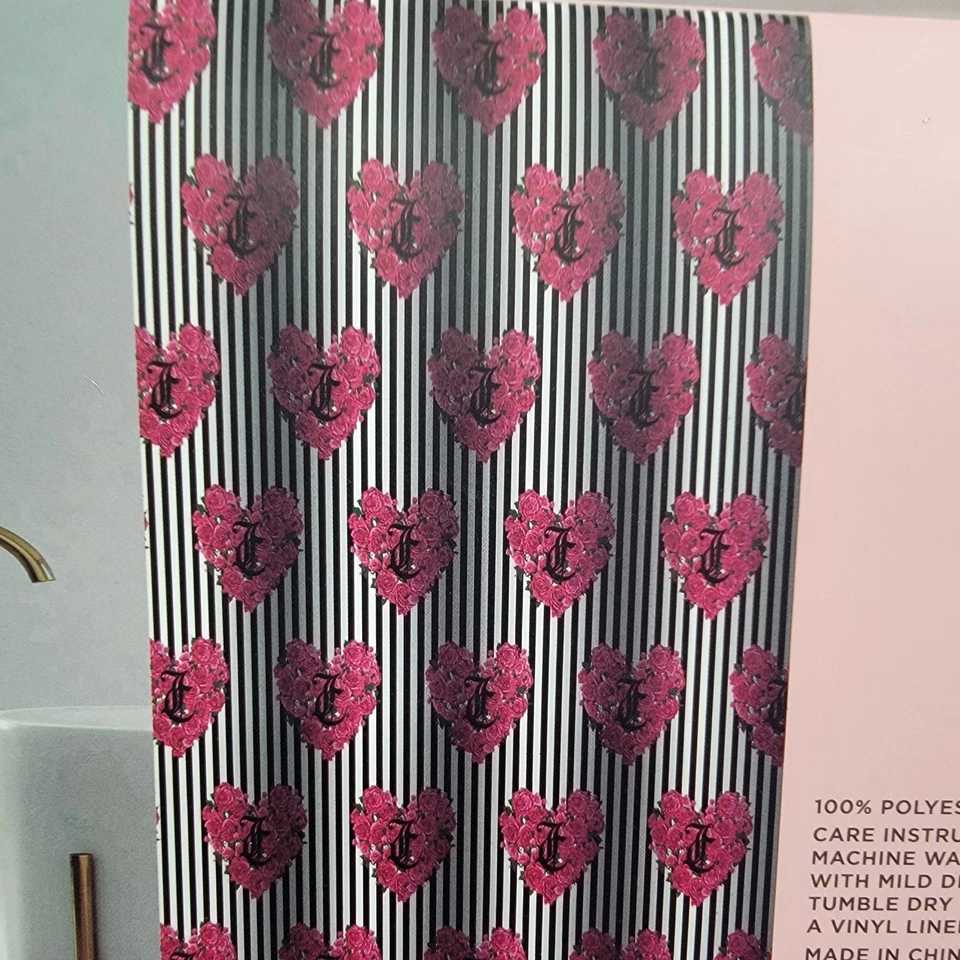 JUICY COUTURE Fabric SHOWER CURTAIN Wit HOOKS 70x72 Heart Florals Black Striped - Image 2 of 4