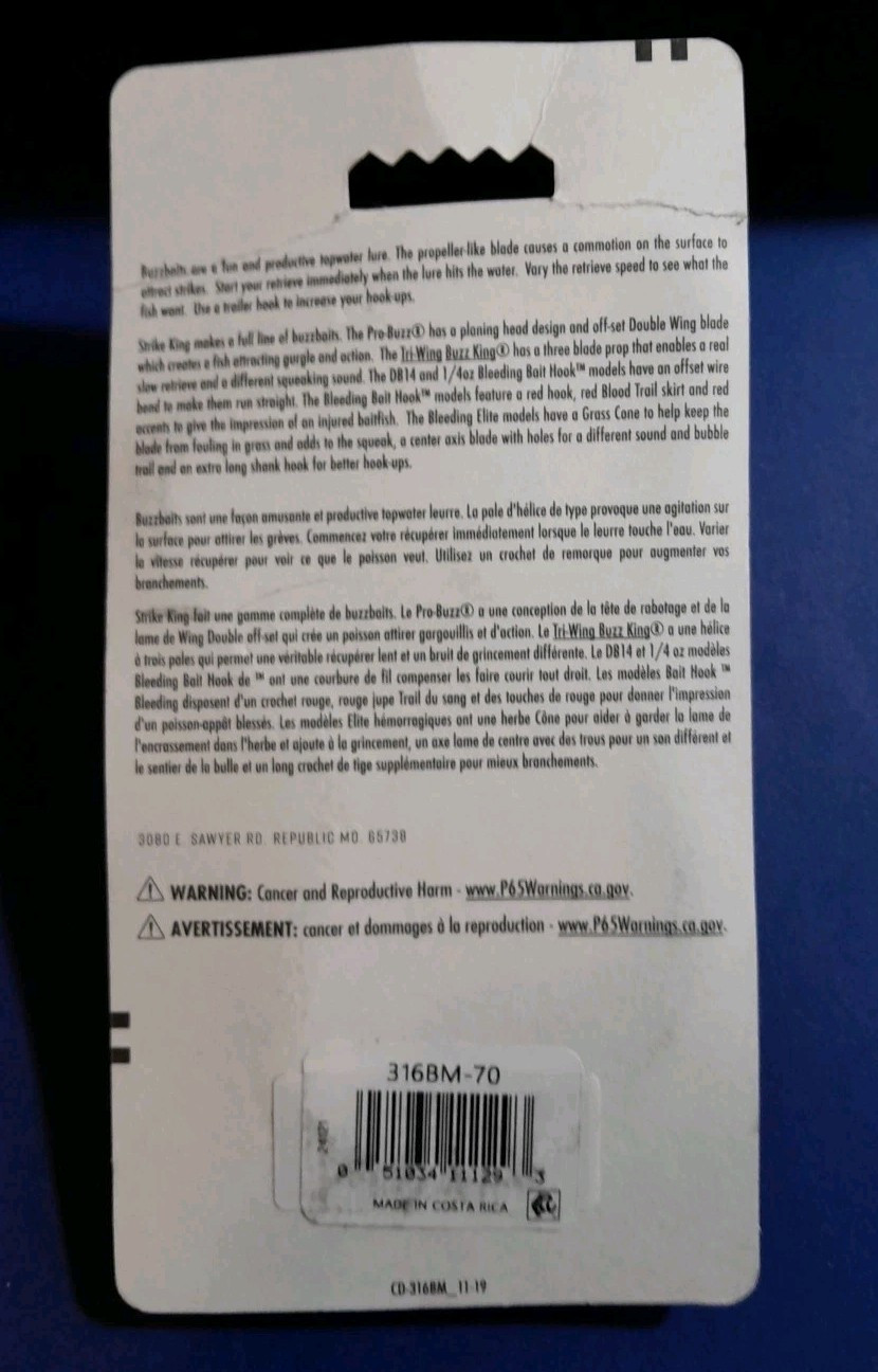 Strike King Buzzbait Spinnerbait "Buzz King" 3/16 oz. Tri-Wing 3 Blade Prop. - Image 2