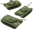 Three olive green Timmee toy tanks with star insignia, made in U.S.A., on white plastic army men background.