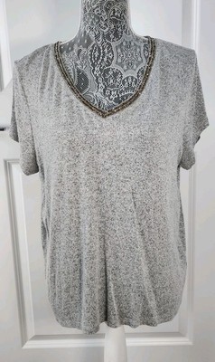 JLO Jennifer Lopez Embellished Bling V Neck Collar Top Size XL Stretchy  Travel 