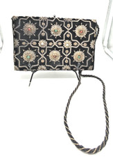 Vintage Black Evening Bag Purse Velvet Corded Strap Metallic Thread Faux Gems