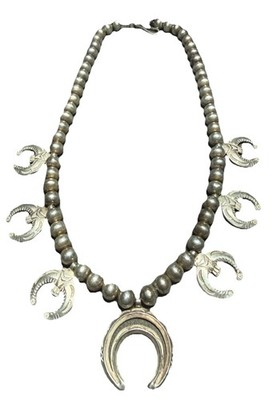 Sterling Silver Native American Squash Blossom Concho Necklace 15.5  Old
