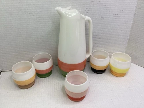 Vintage DUNBAR W. VA. Milk Glass 1-qt Pitcher + Five 4-oz Cups MCM Hand-Painted
