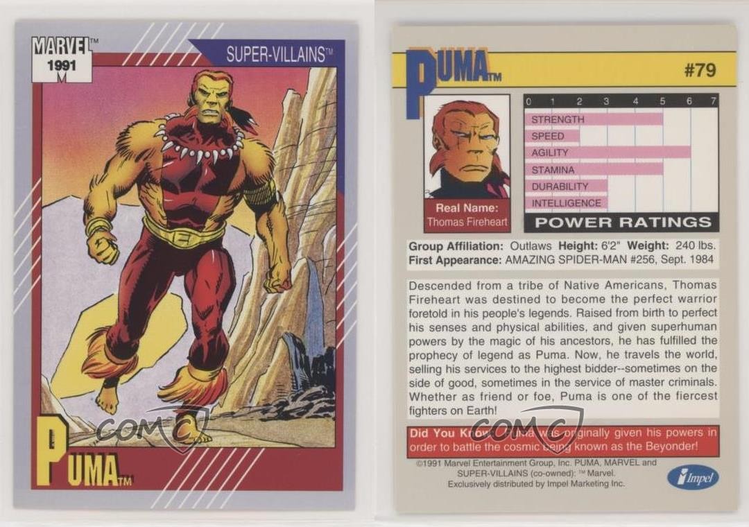 1991 Impel Marvel Universe Series II Super-Villains Puma #79 0b3 thumbnail 3