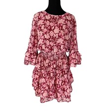 Coquette Pink Floral Tiered Ruffle Mini Dress Smocked Waist Womens Med Romantic