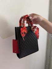 Carolina Herrera Black Embossed Logo Top Handle Bag Red Floral Scarf & Pouch