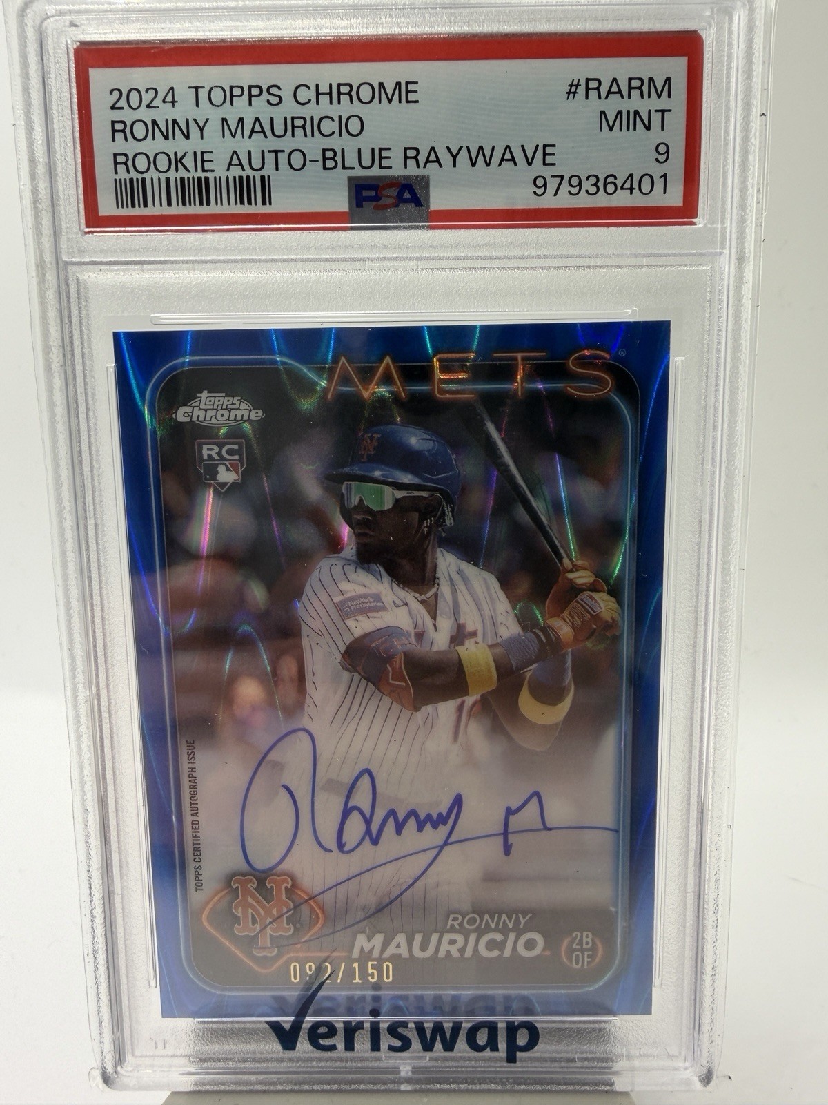 2024 Topps Chrome RONNY MAURICIO #RA-RM RC Blue Raywave Auto /150 PSA 9 Mets