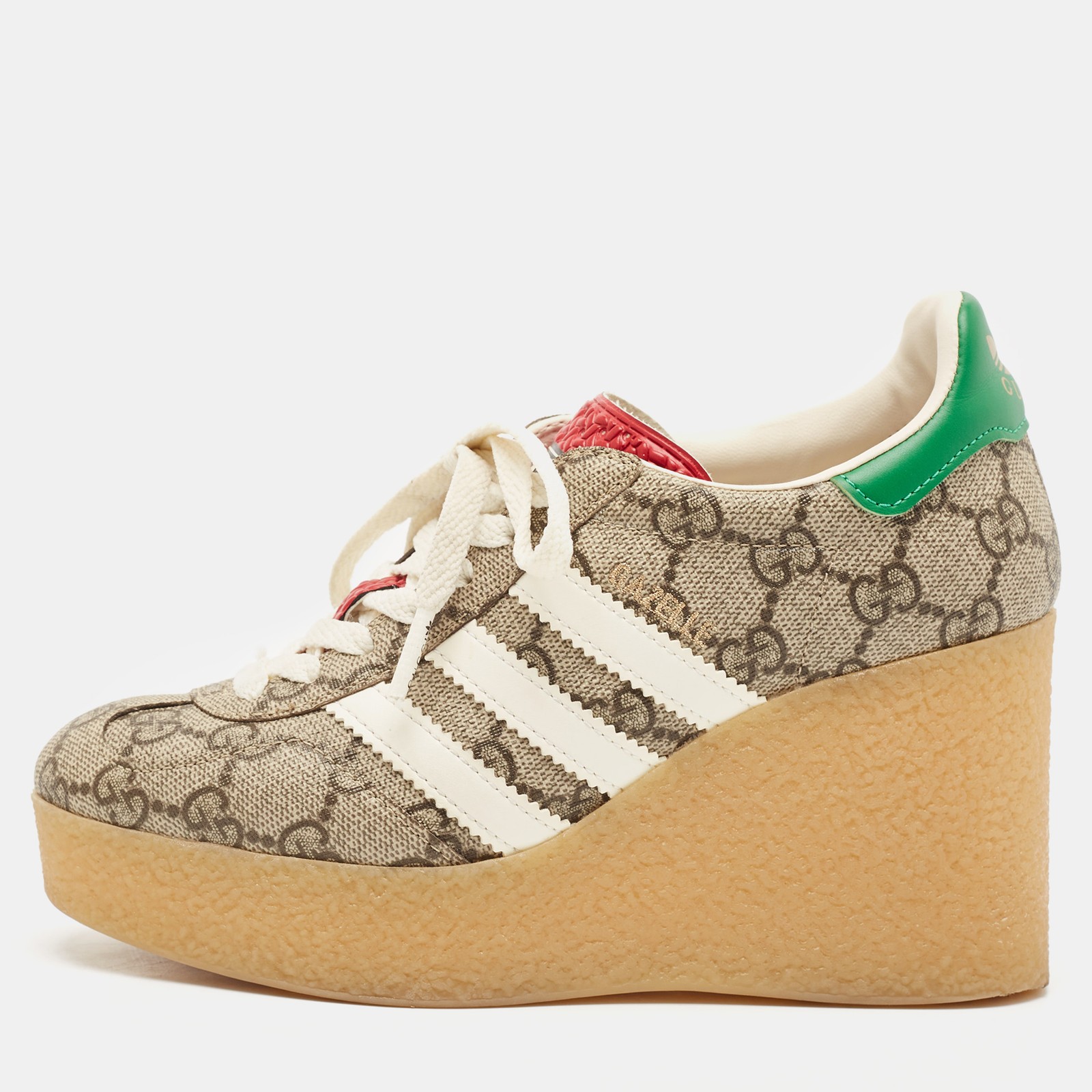 Gucci X Adidas Beige Brown GG Canvas Gazelle Wedge Sneakers Size 34