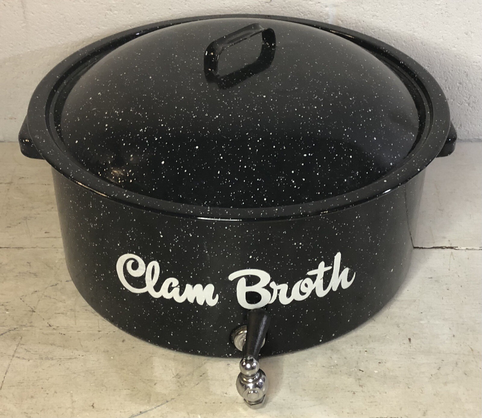 Large Clam Seafood Steamer 15” wide Pot Broth w/ Spigot Speckled Black Enamel eBay