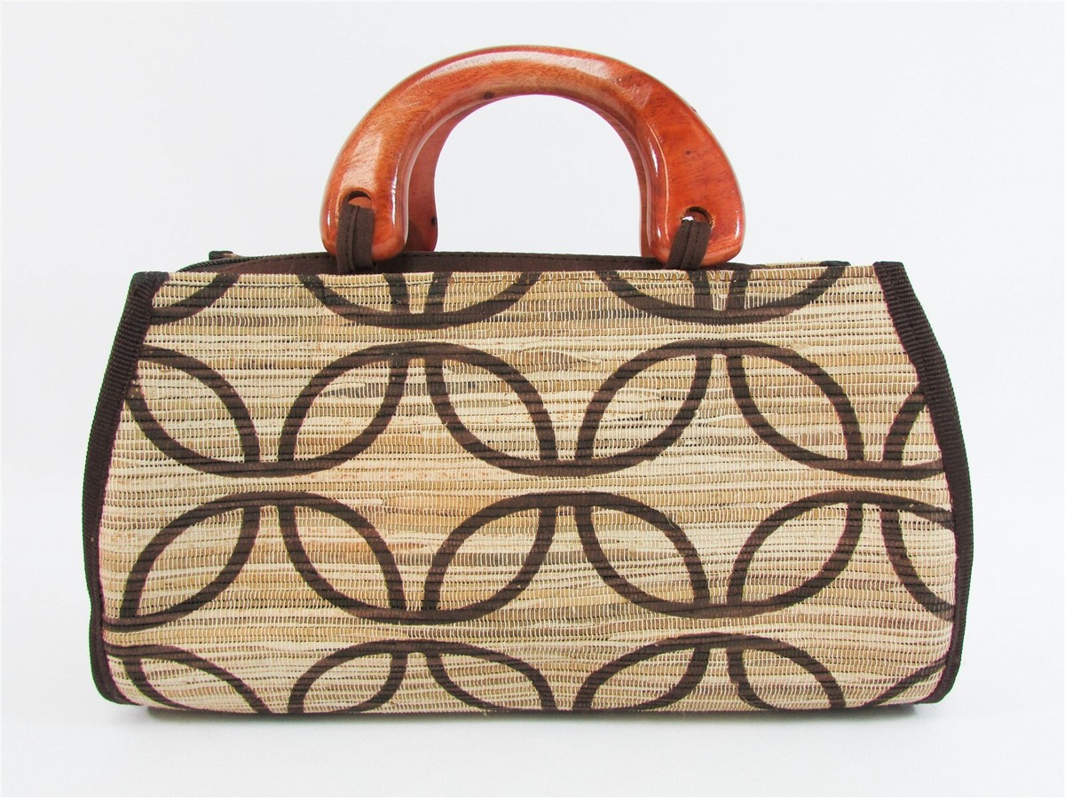 Bamboo Straw Purse Handbag w/zipper Wood Handle Bag Brown/Tan