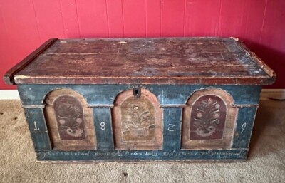 Antique Hand Painted Italian Wedding Dowry Chest Trunk 1800s