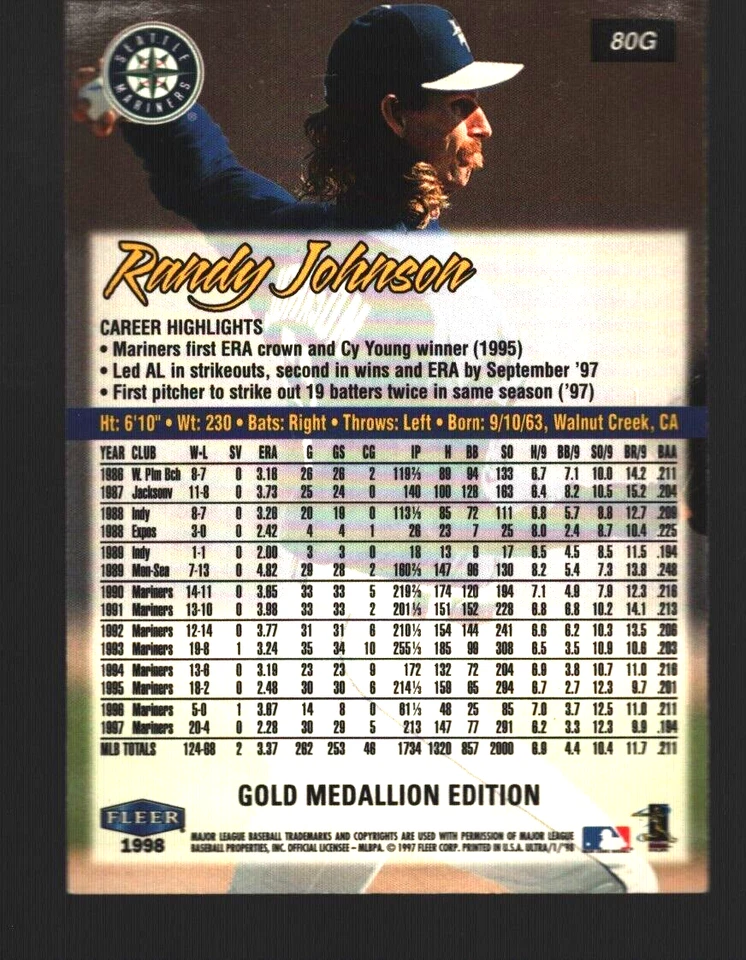 1998 Ultra Randy Johnson Gold Medallion #80G - Image 2 of 2