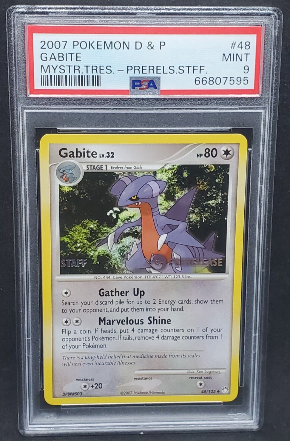 Pokemon PSA 9 MINT Gabite 48/123 Mysterious Treasures STAFF Prerelease Promo