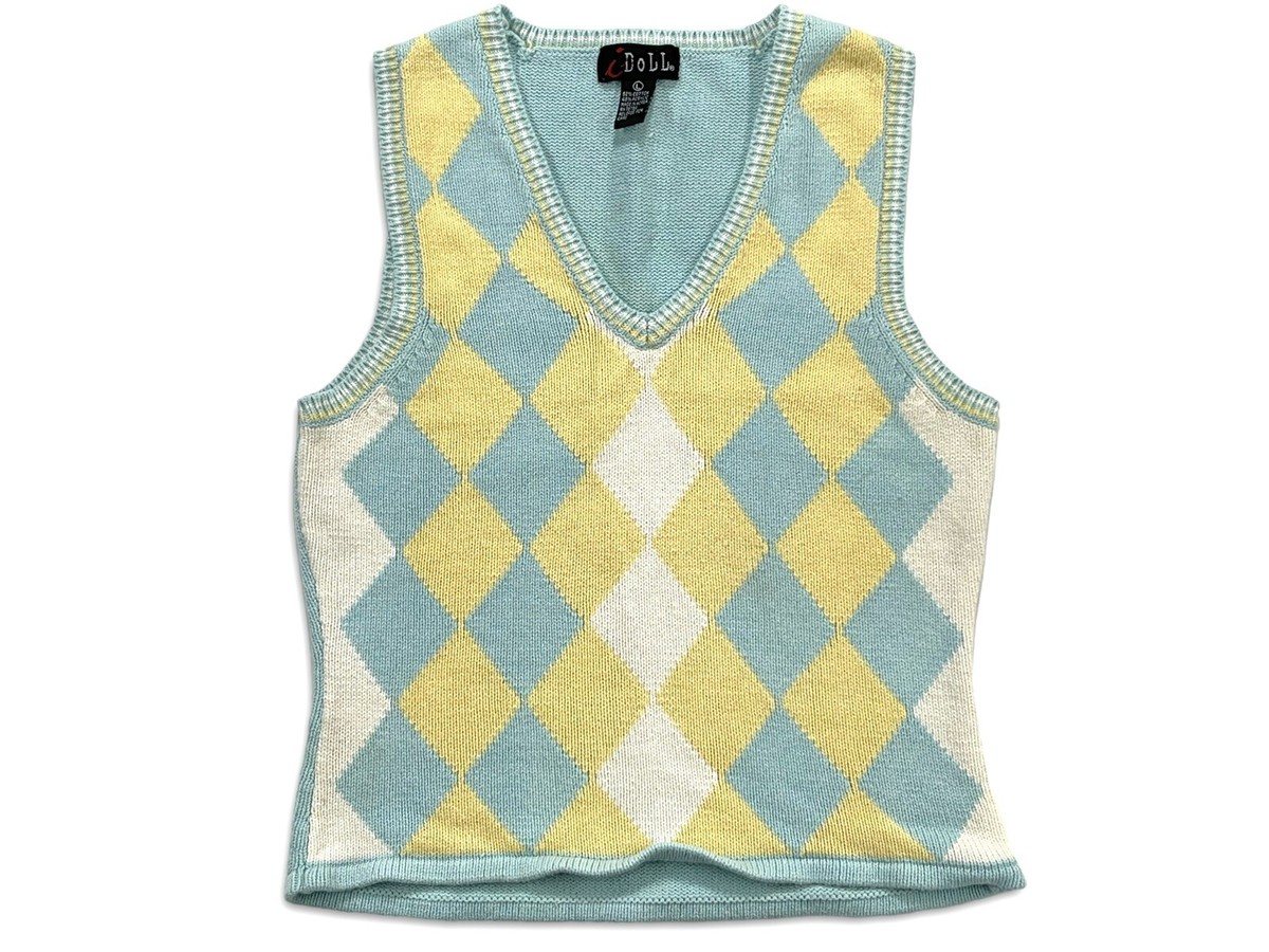 Mod cloth Blue Yellow 90s Argyle Sleeveless Sweater Vest L