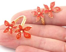 Flowers Adjustable Ring Shiny Gold Plated Brass Red enamel Filled 9US size 2827
