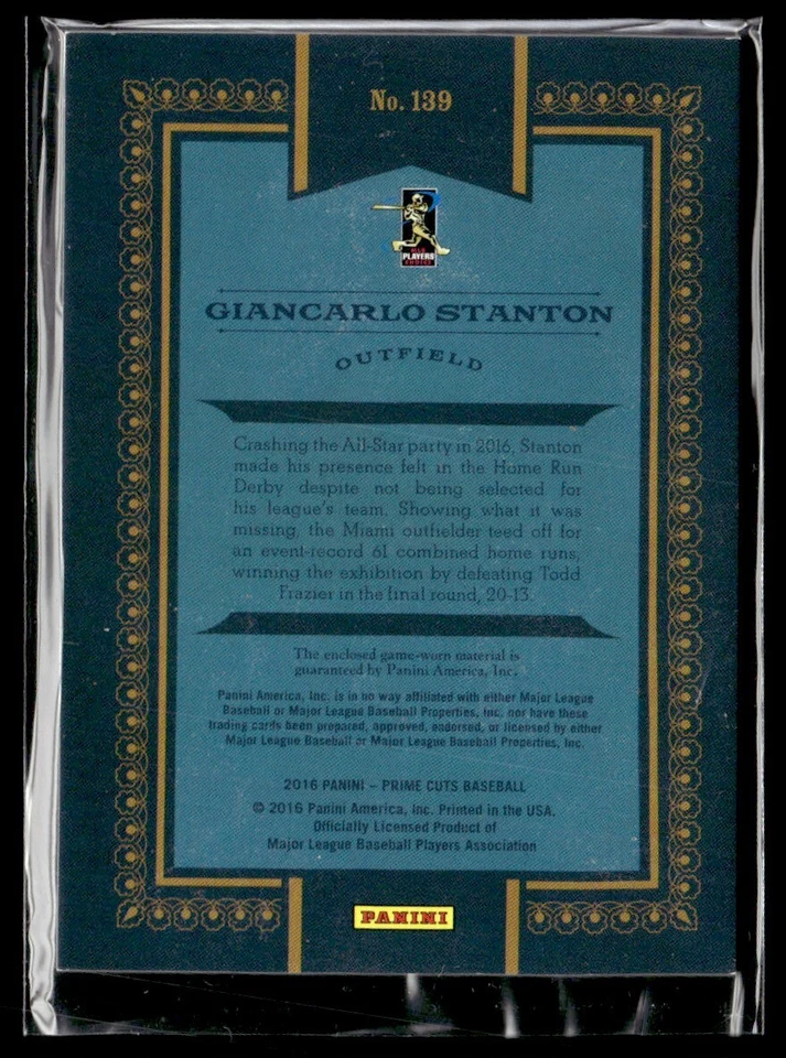 2016 Panini Prime Cuts Holo Gold Giancarlo Stanton Jersey 2 colors 117/149 Miami - Image 2 of 2