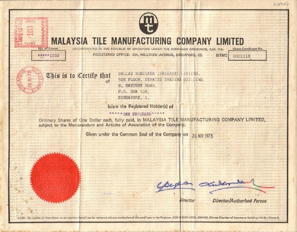 Singapore 1973 Share Certificate Malaysia Tile Manufacturing Company Limited Ebay