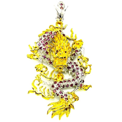 2-TON RHODOLITH GRANAT & SAPHIR DRACHE ANHÄNGER .925 STERLINGSILBER 14K YGP