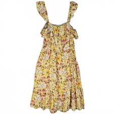 Lauren Conrad Floral Ruffle Sun Dress Large Yellow Rayon Linen Boho Cottagecore
