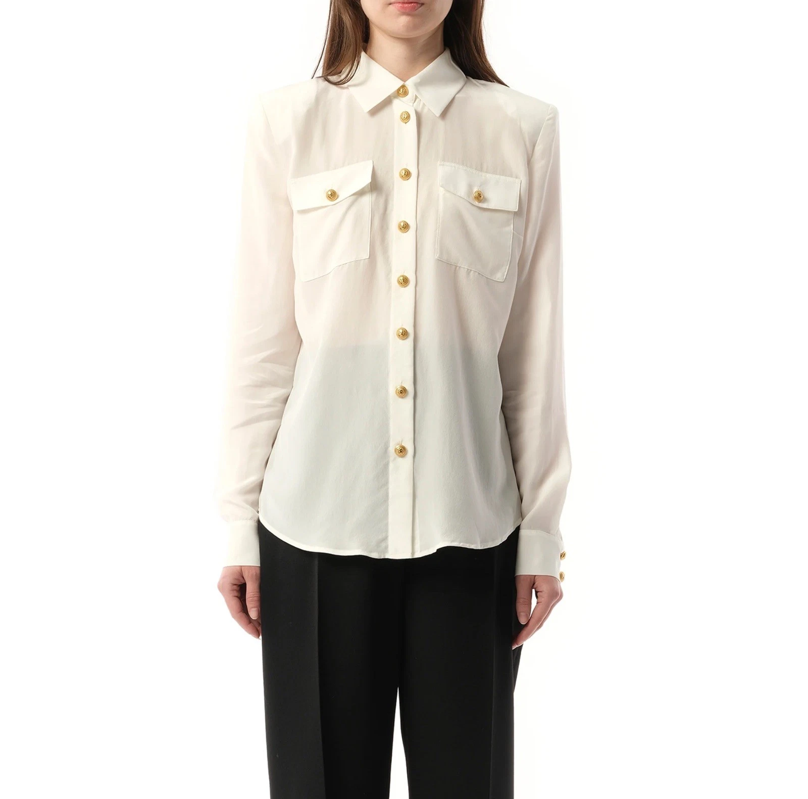 Balmain — Balmain Paris Ivory White Silk Gold Button Up Shirt Long Sleeve Crepe 42 Au 14