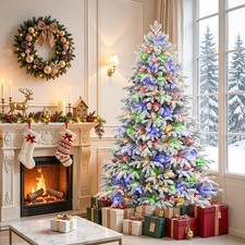 7FT Flocked Cedar PE Mix Pre Lit Artificial Christmas Tree Dual Color LED with