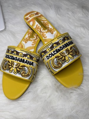 Dolce&Gabbana Women's Logo Embroidered Slide Sandals Yellow/White US 9 Slip On  