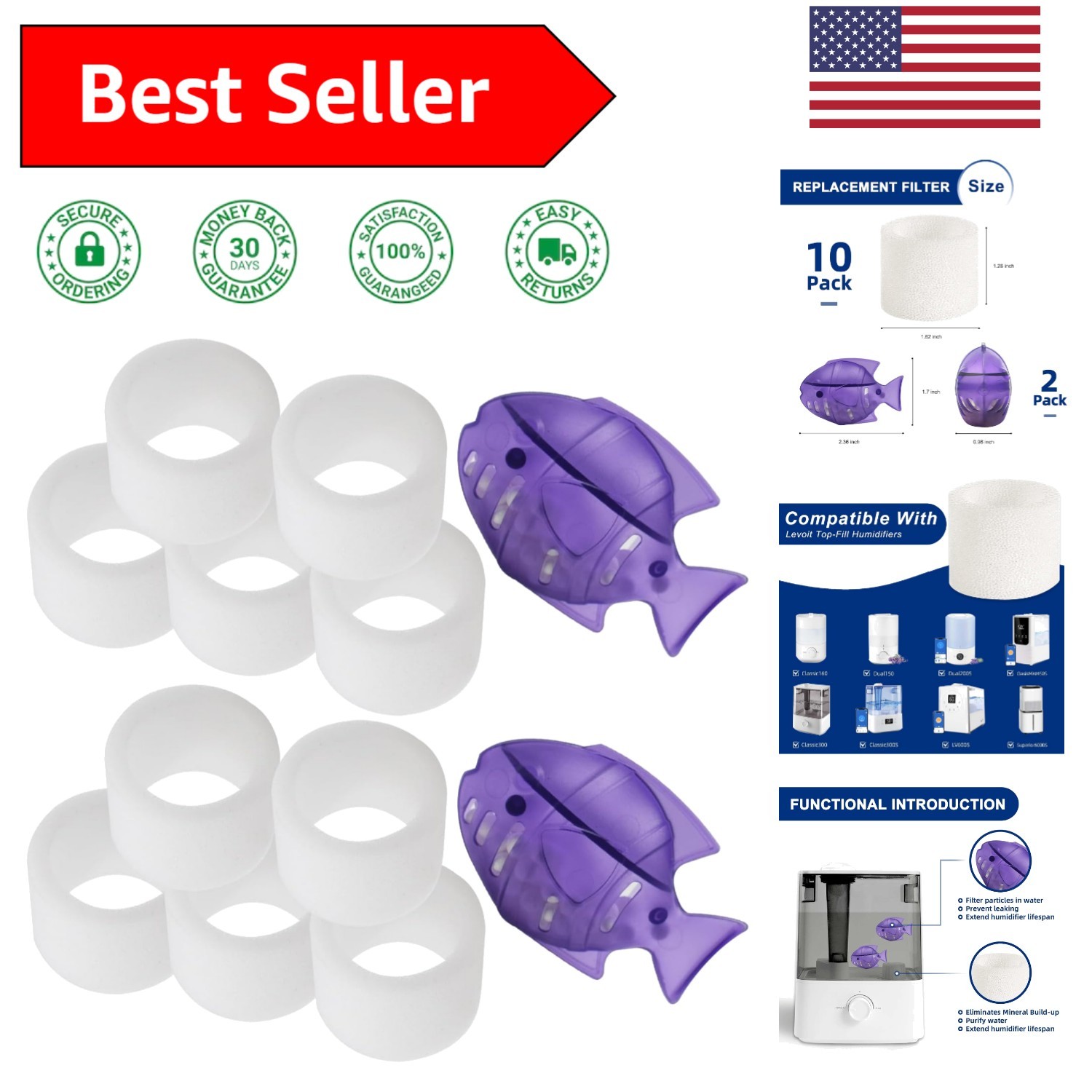 Filters Pack With 10 Filters & 2 Cleaner Fish For Levoit