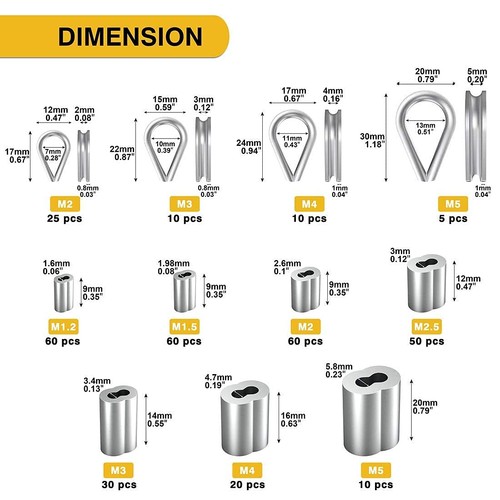Sanuke 340PCS Stainless Steel Wire Rope Cable Thimbles Aluminum Crimping Loop... - Afbeelding 8 van 8