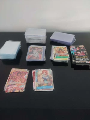ONE PIECE lot 23 Divers,33 SR JAP, 6 cartes FR, 6 boosters no hit + sleeves - Photo 1/4
