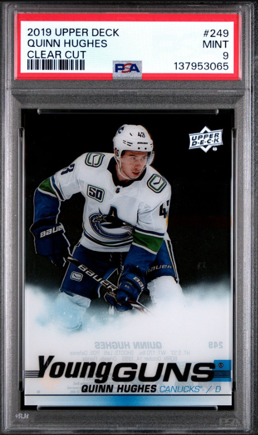 2019-20 Upper Deck Series 1 Hockey YOUNG GUNS Clear Cut #249 Quinn Hughes PSA 9