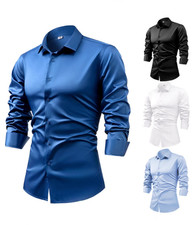 Men's silk satin long sleeved dress shirt, business casual button up shirt