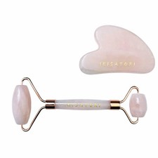 Rose Quartz Natural Stone Curved Facial Roller Guasha Set -