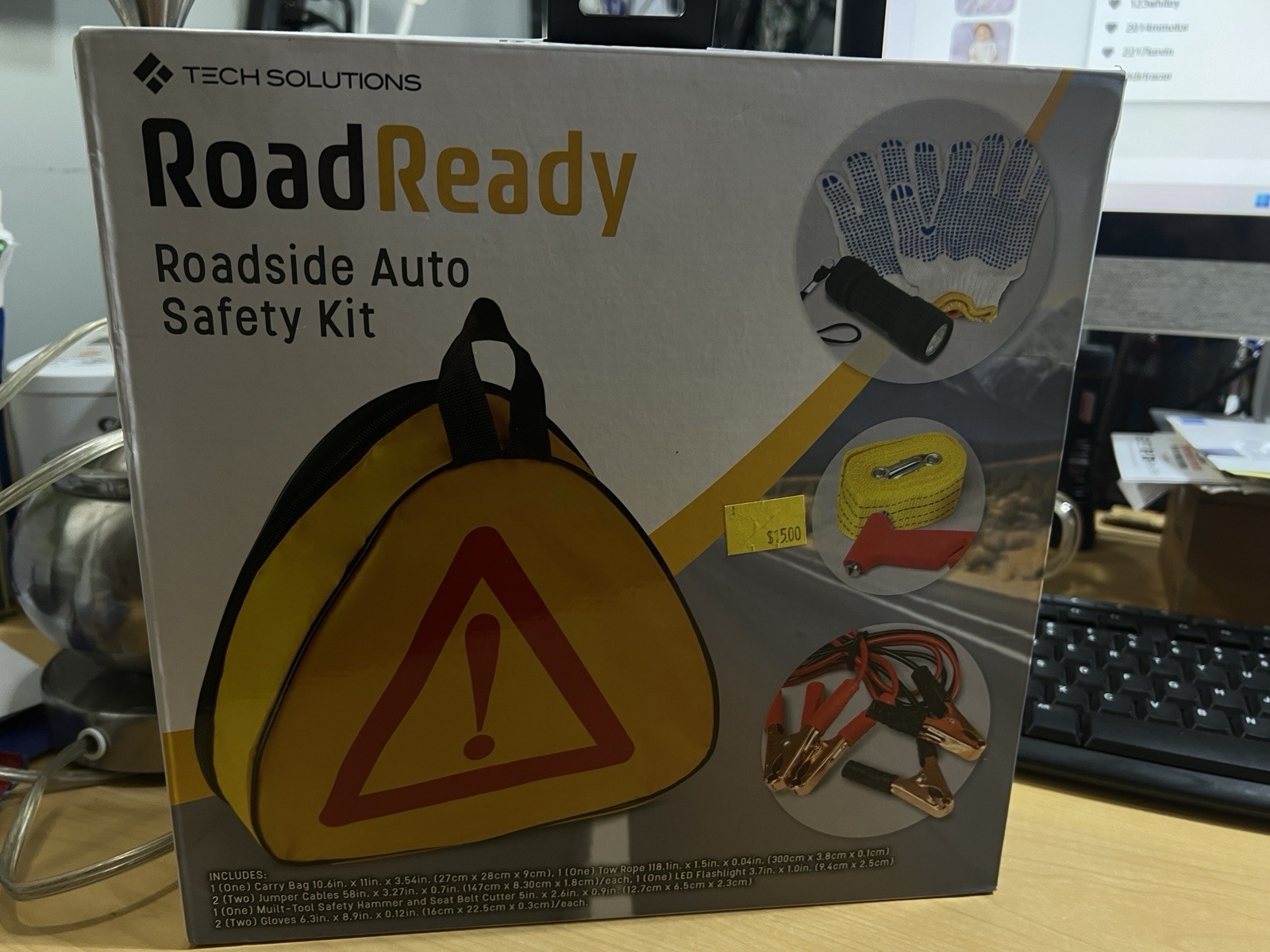 Tech Solutions Road Ready Roadside Auto Safety Kit Jumper Cables Tow Rope Light+